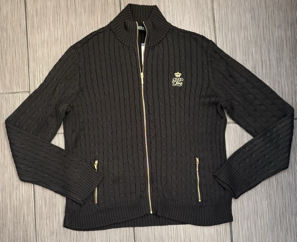 Lauren Ralph Lauren Cable Knit Full Zip Sweater Black W/Gold Crest Women’s XL